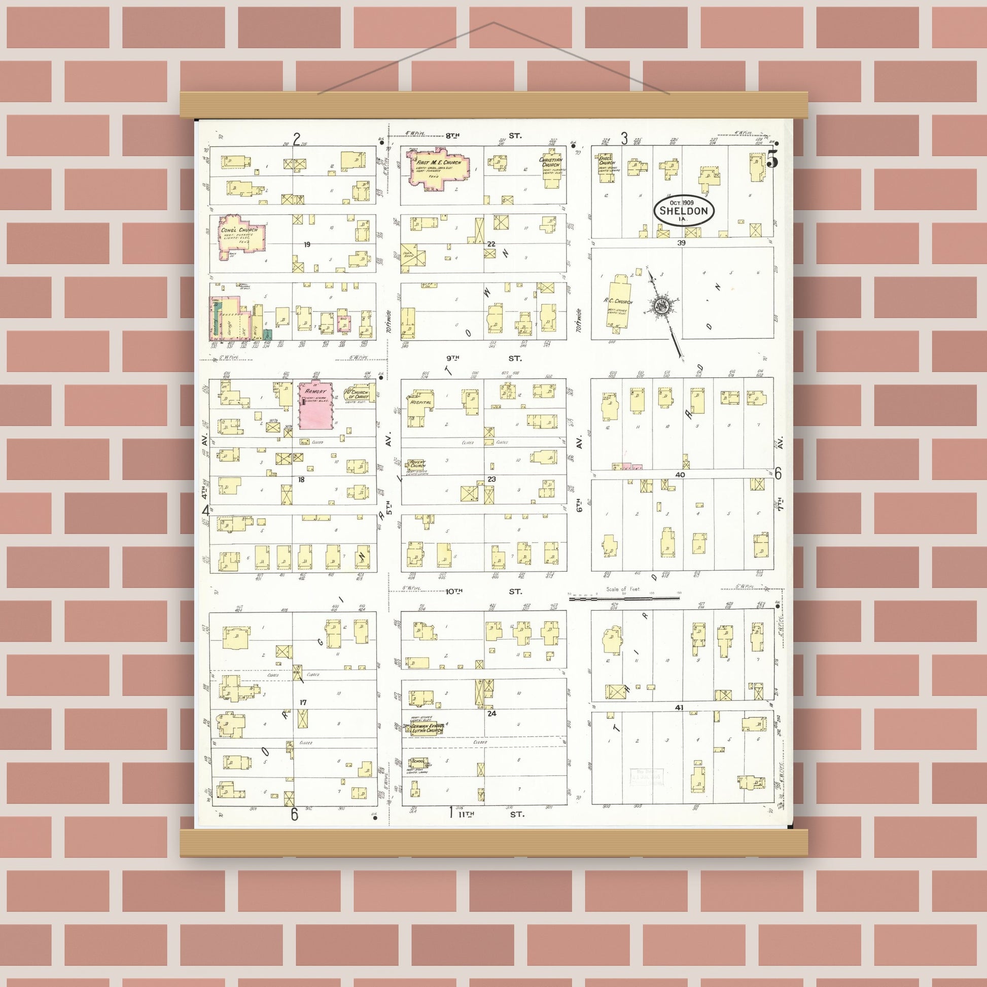 Old map wall art mockup — magnetic wood frame on brick wall — Sanborn Fire Insurance Map from Sheldon, O'Brien County, Iowa (1909), Sheet #0005