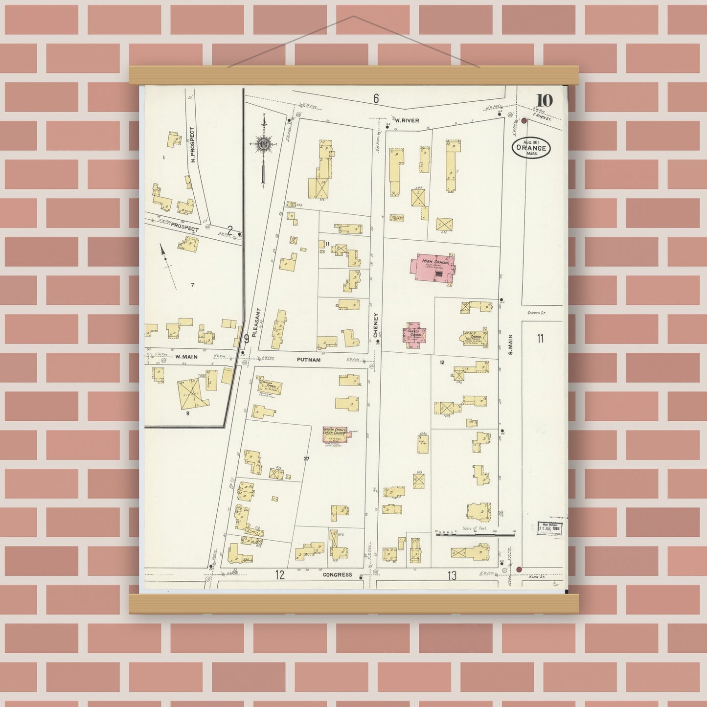 Old map wall art mockup — magnetic wood frame on brick wall — Sanborn Fire Insurance Map from Orange, Franklin County, Massachusetts (1911), Sheet #0010