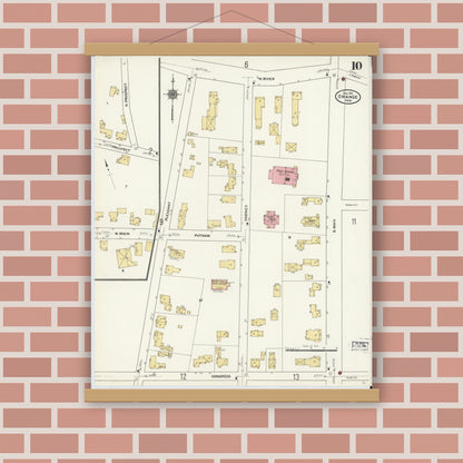 Old map wall art mockup — magnetic wood frame on brick wall — Sanborn Fire Insurance Map from Orange, Franklin County, Massachusetts (1911), Sheet #0010