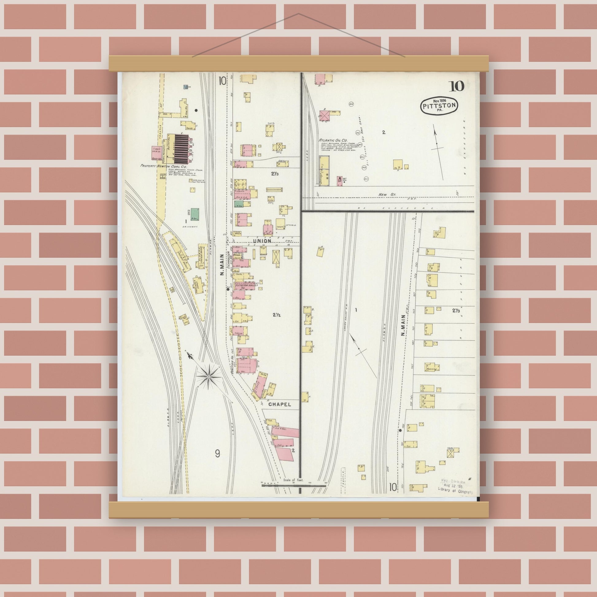 Old map wall art mockup — magnetic wood frame on brick wall — Sanborn Fire Insurance Map from Pittston, Luzerne County, Pennsylvania (1896), Sheet #0010