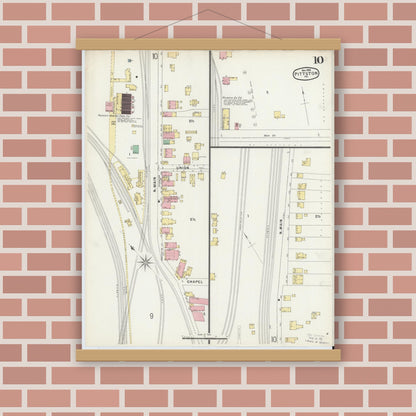 Old map wall art mockup — magnetic wood frame on brick wall — Sanborn Fire Insurance Map from Pittston, Luzerne County, Pennsylvania (1896), Sheet #0010