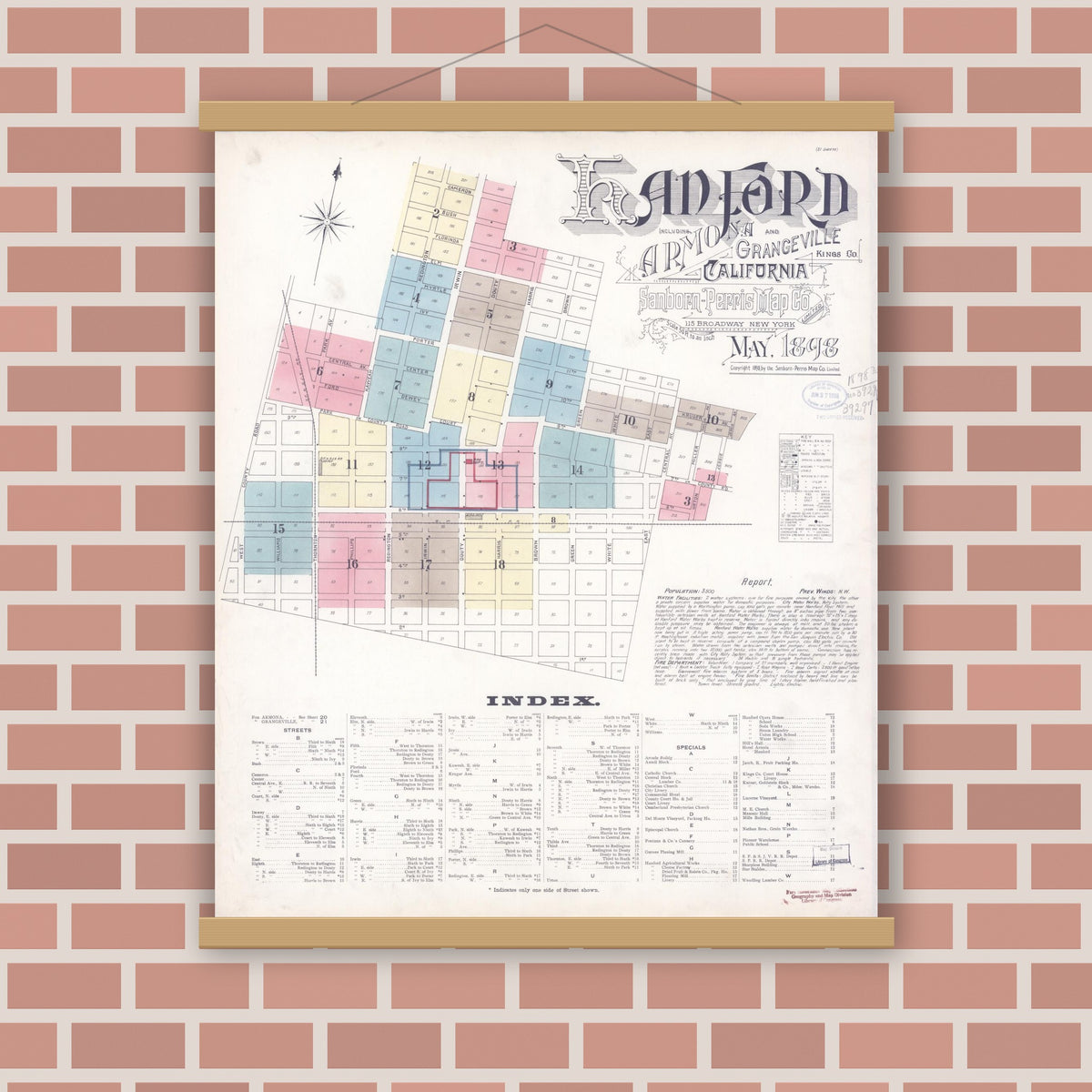 Old map wall art mockup — magnetic wood frame on brick wall — Sanborn Fire Insurance Map from Hanford, Kings County, California (1898) - Complete Map Set