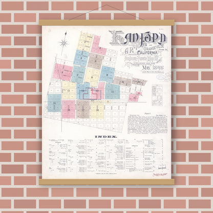 Old map wall art mockup — magnetic wood frame on brick wall — Sanborn Fire Insurance Map from Hanford, Kings County, California (1898) - Complete Map Set