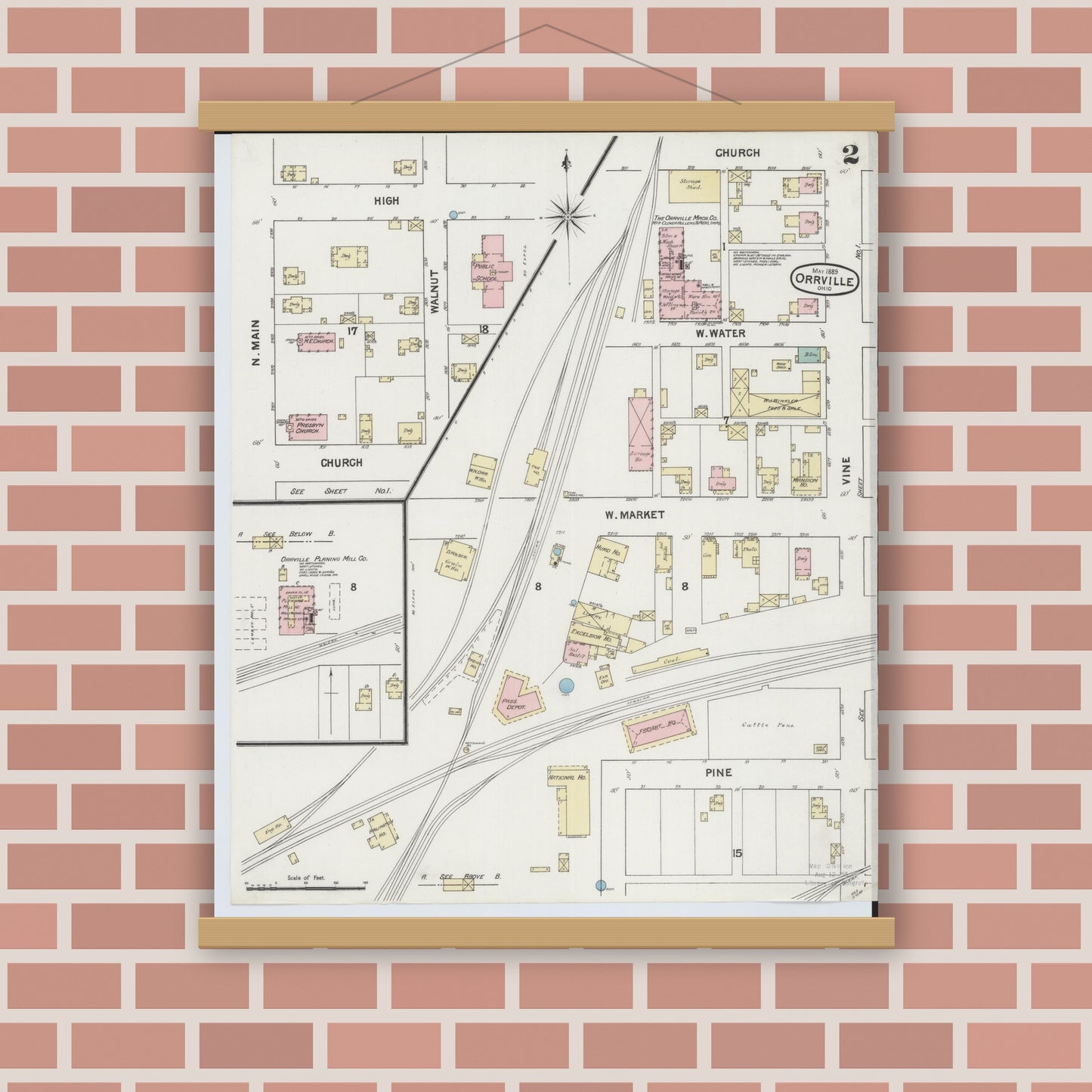 Old map wall art mockup — magnetic wood frame on brick wall — Sanborn Fire Insurance Map from Orrville, Wayne County, Ohio (1889), Sheet #0002
