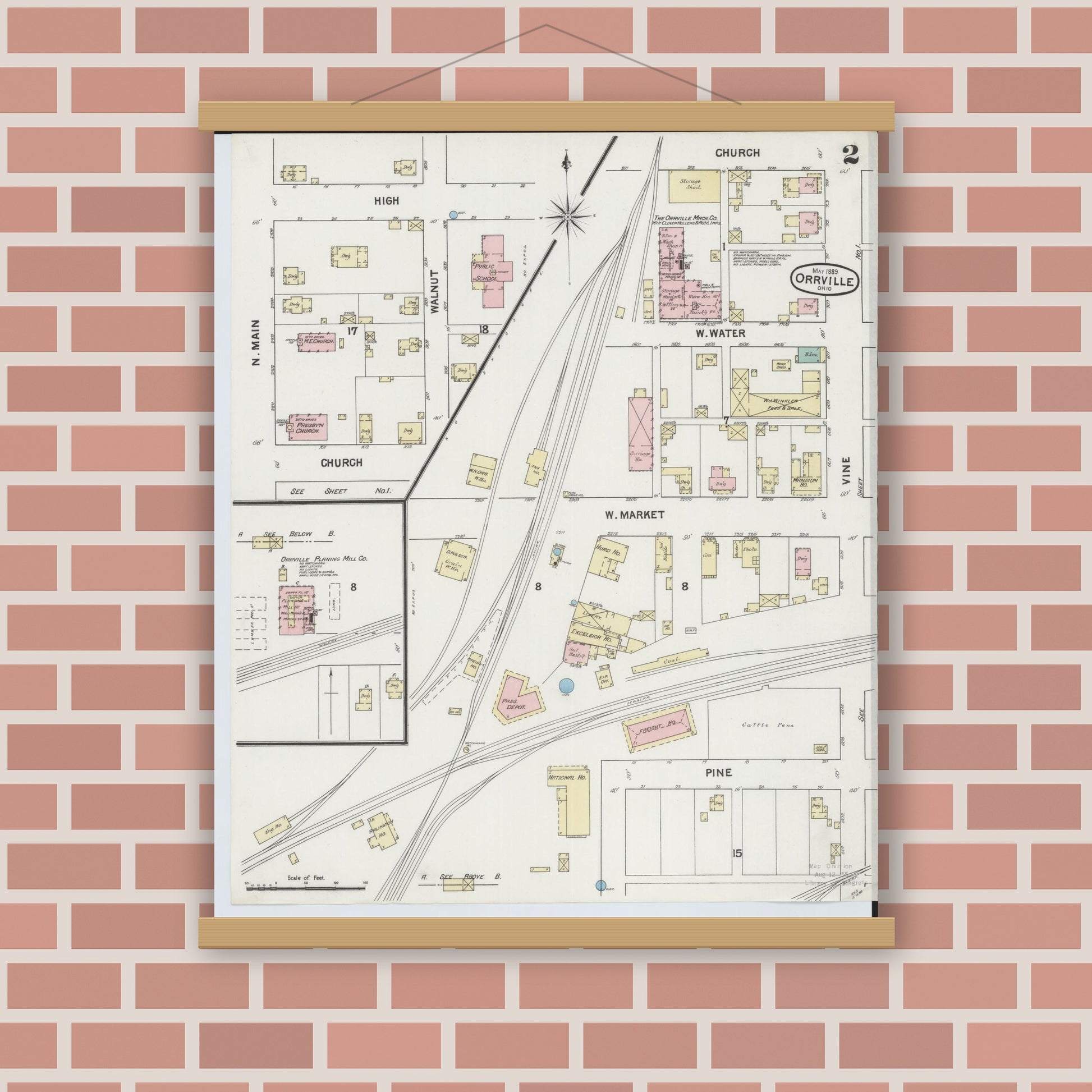Old map wall art mockup — magnetic wood frame on brick wall — Sanborn Fire Insurance Map from Orrville, Wayne County, Ohio (1889), Sheet #0002