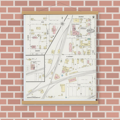 Old map wall art mockup — magnetic wood frame on brick wall — Sanborn Fire Insurance Map from Orrville, Wayne County, Ohio (1889), Sheet #0002