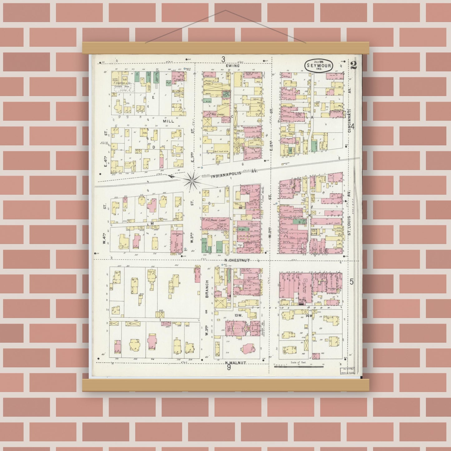 Old map wall art mockup — magnetic wood frame on brick wall — Sanborn Fire Insurance Map from Seymour, Jackson County, Indiana (1896), Sheet #0002