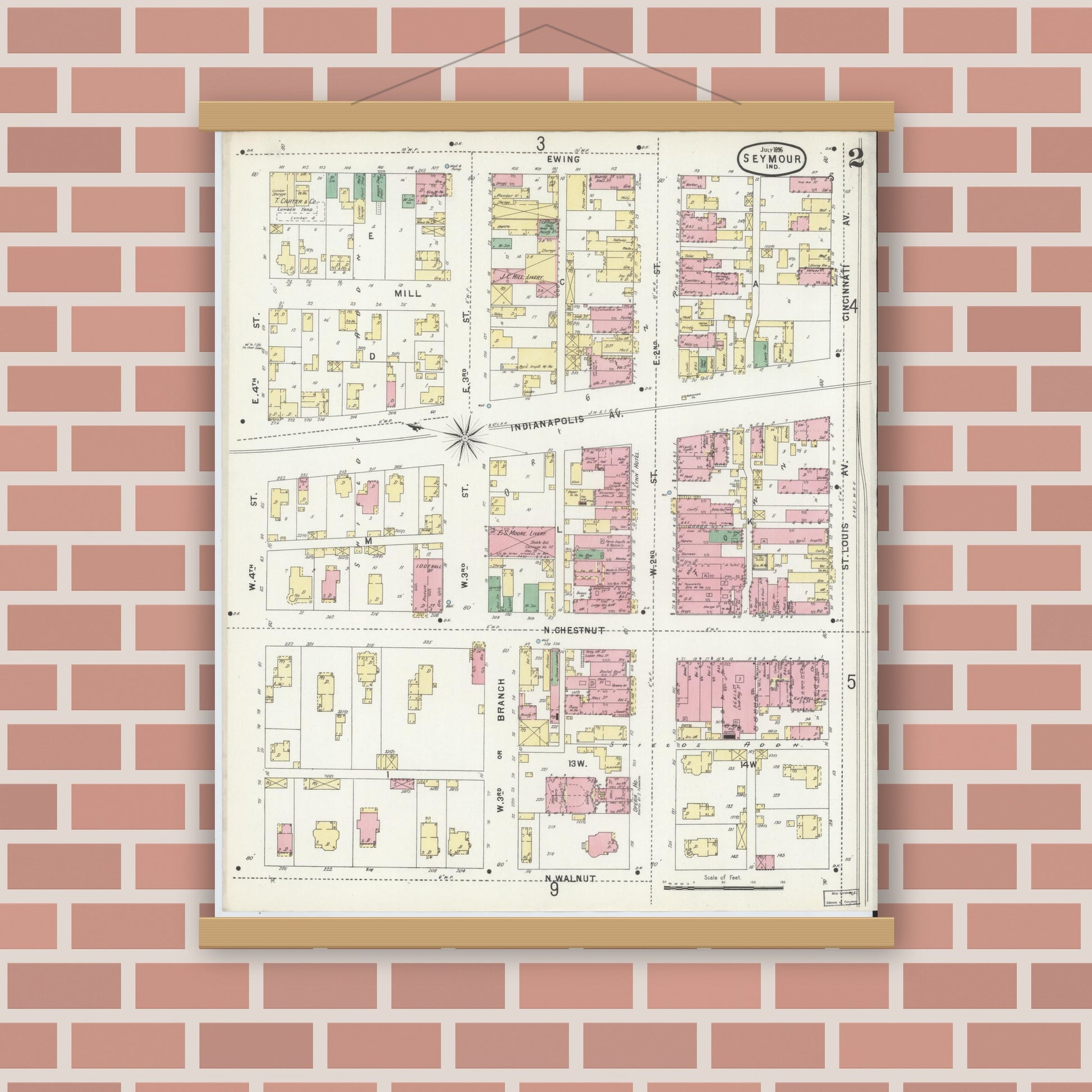 Old map wall art mockup — magnetic wood frame on brick wall — Sanborn Fire Insurance Map from Seymour, Jackson County, Indiana (1896), Sheet #0002