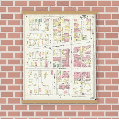 Old map wall art mockup — magnetic wood frame on brick wall — Sanborn Fire Insurance Map from Seymour, Jackson County, Indiana (1896), Sheet #0002