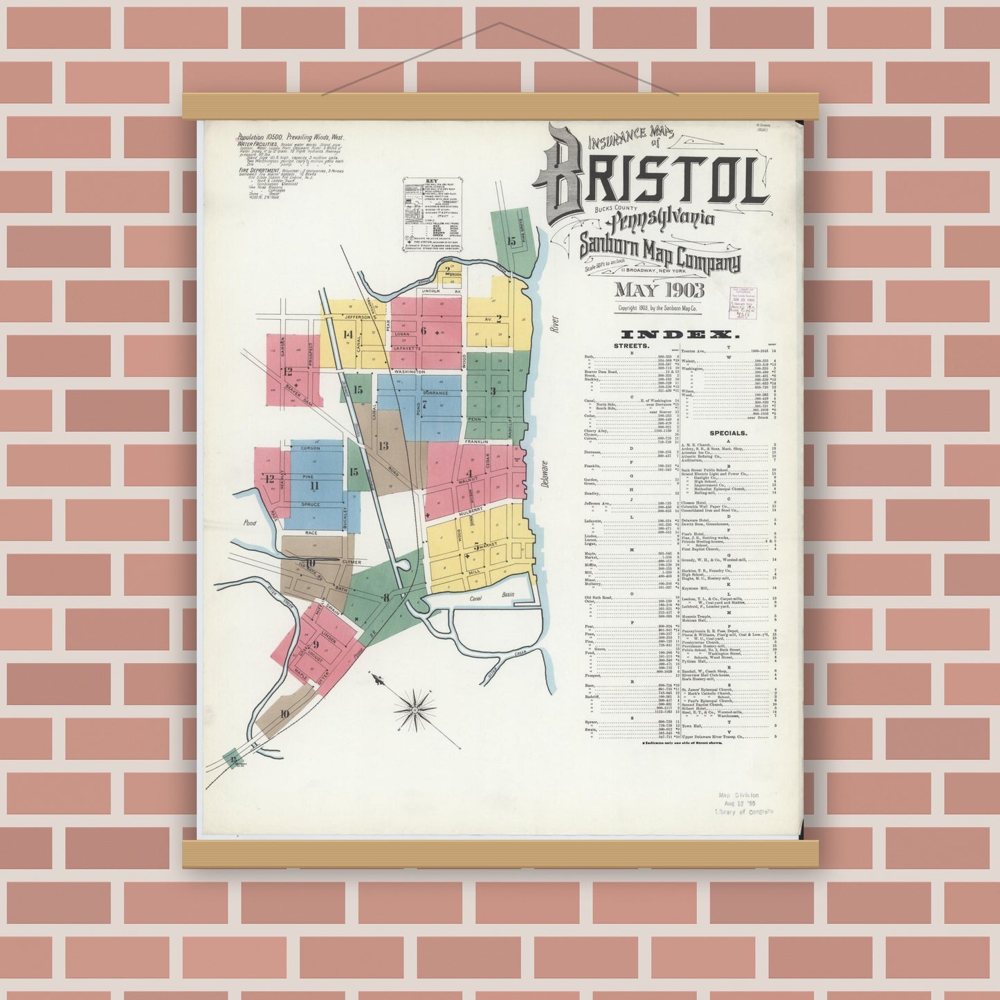 Old map wall art mockup — magnetic wood frame on brick wall — Sanborn Fire Insurance Map from Bristol, Bucks County, Pennsylvania (1903) - Complete Map Set