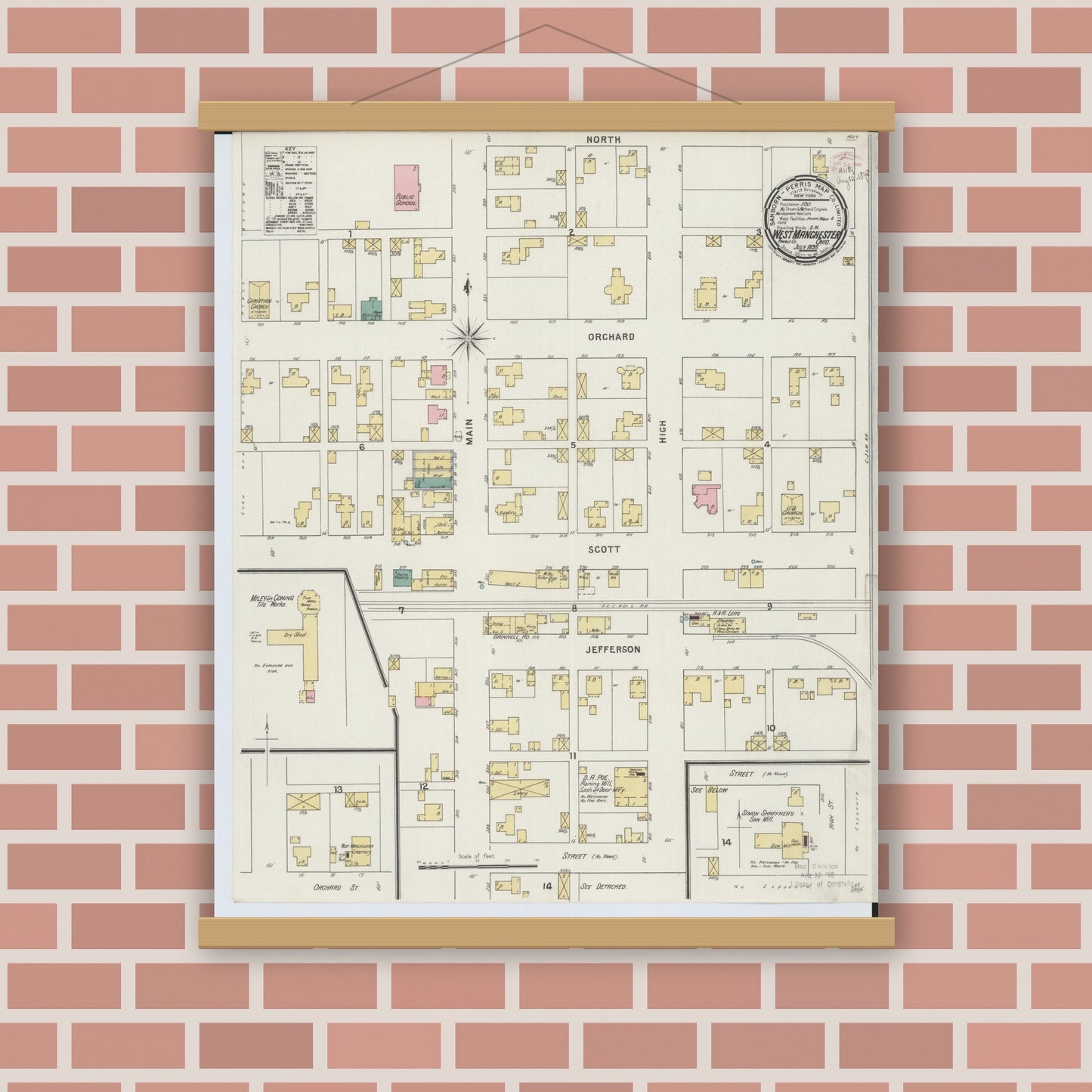 Old map wall art mockup — magnetic wood frame on brick wall — Sanborn Fire Insurance Map from West Manchester, Preble County, Ohio (1895), Sheet #0001