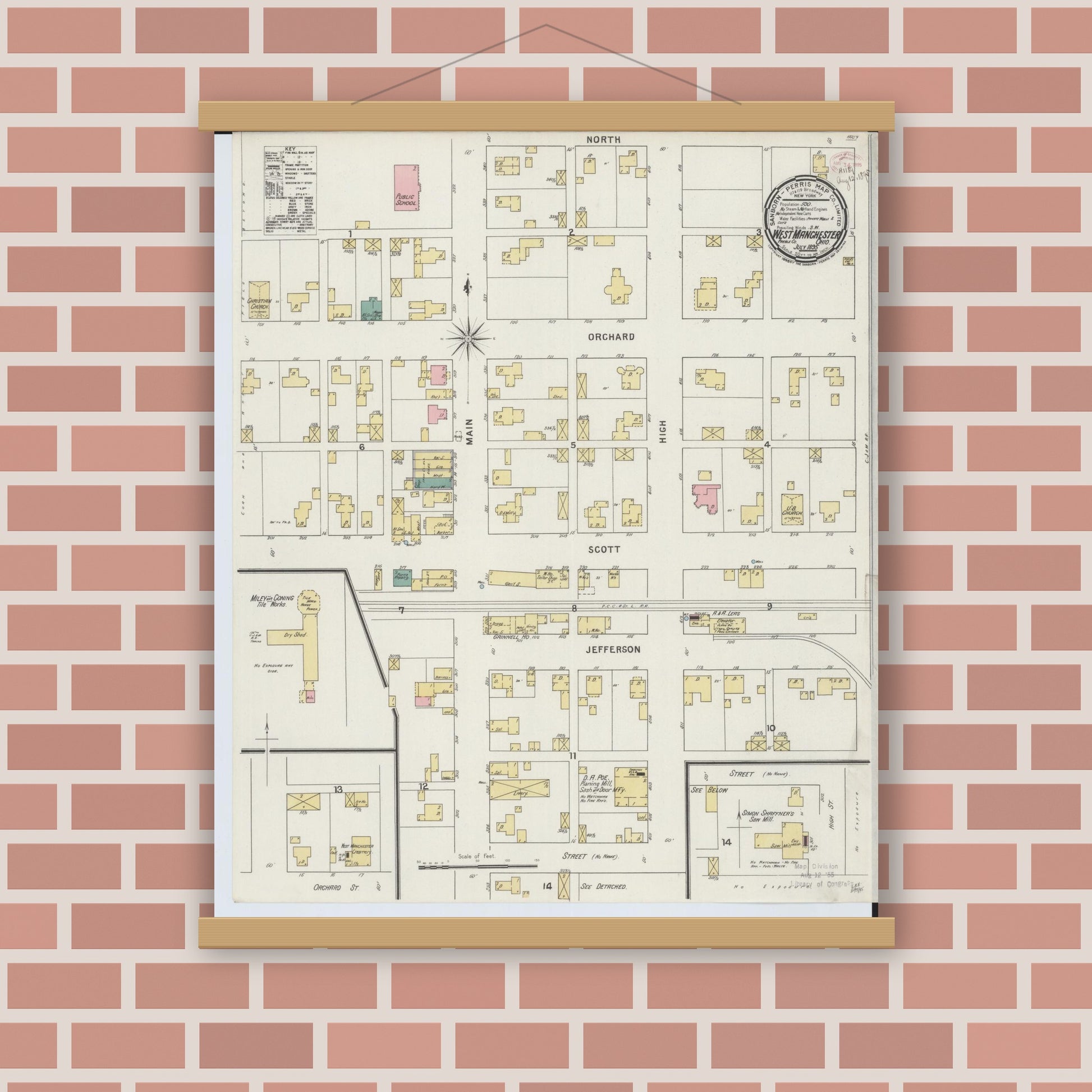 Old map wall art mockup — magnetic wood frame on brick wall — Sanborn Fire Insurance Map from West Manchester, Preble County, Ohio (1895), Sheet #0001