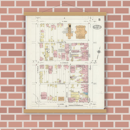 Old map wall art mockup — magnetic wood frame on brick wall — Sanborn Fire Insurance Map from Washington, Washington County, Pennsylvania (1914), Sheet #0008