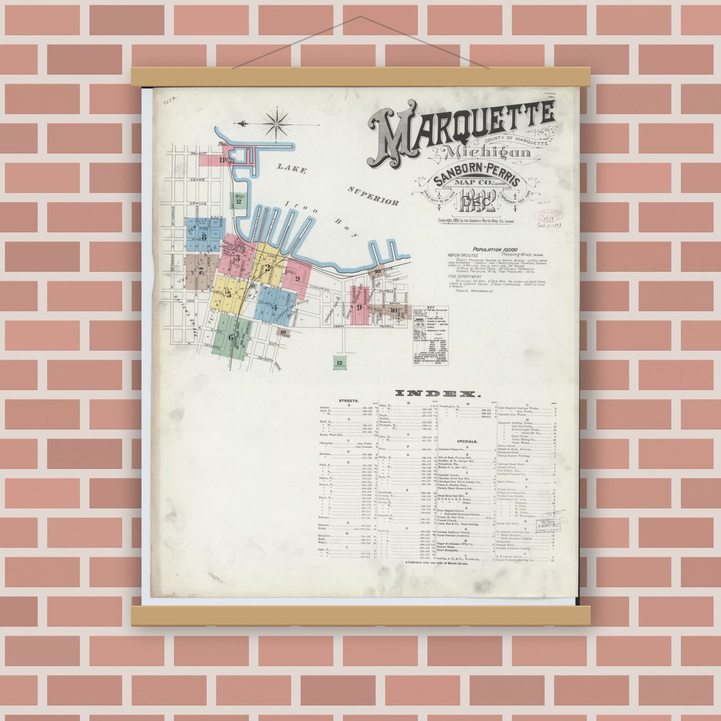Old map wall art mockup — magnetic wood frame on brick wall — Sanborn Fire Insurance Map from Marquette, Marquette County, Michigan (1892) - Complete Map Set