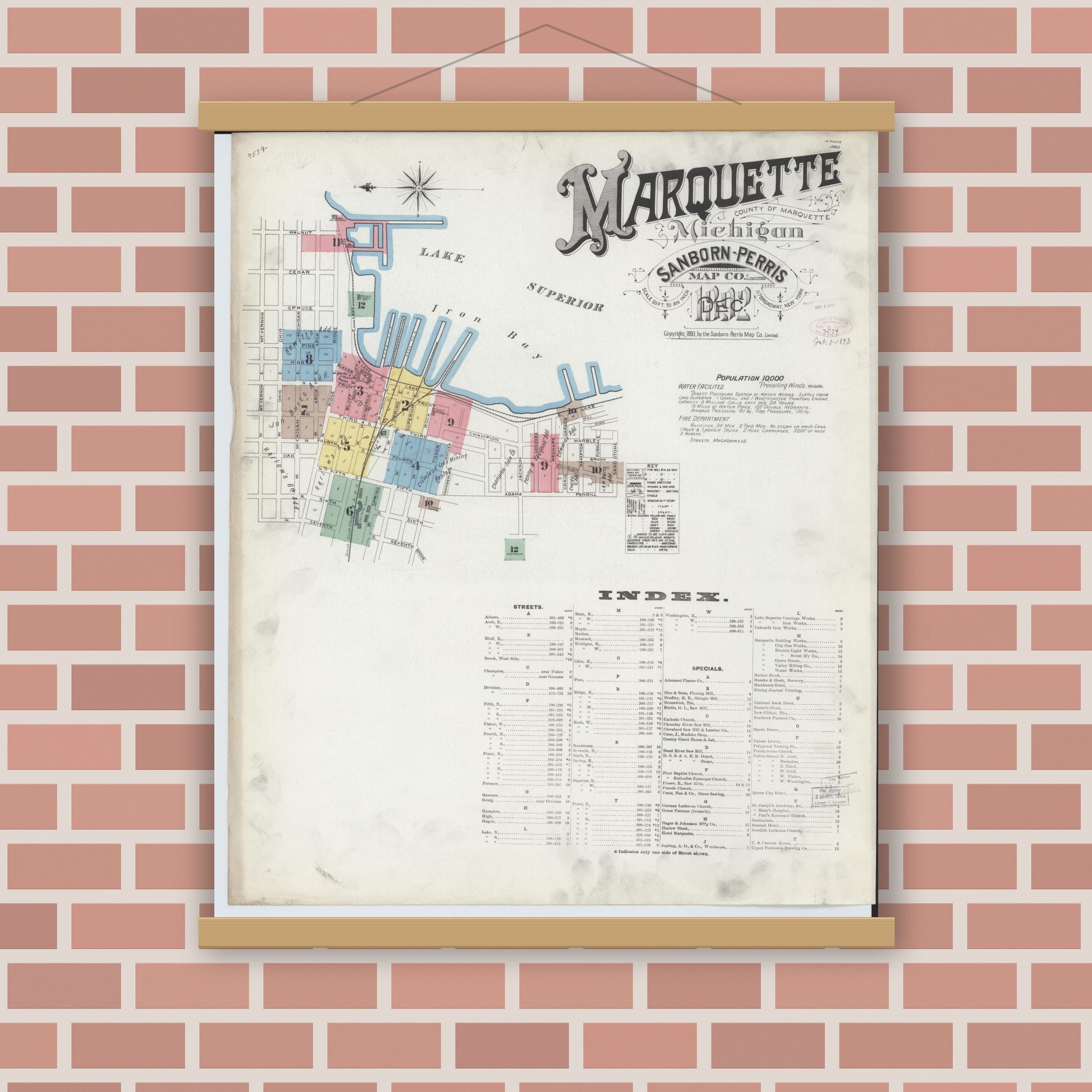 Old map wall art mockup — magnetic wood frame on brick wall — Sanborn Fire Insurance Map from Marquette, Marquette County, Michigan (1892) - Complete Map Set