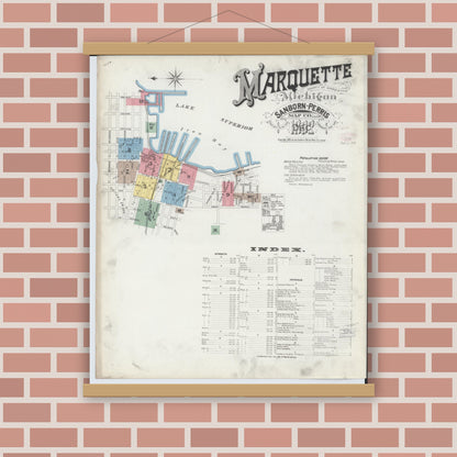 Old map wall art mockup — magnetic wood frame on brick wall — Sanborn Fire Insurance Map from Marquette, Marquette County, Michigan (1892) - Complete Map Set