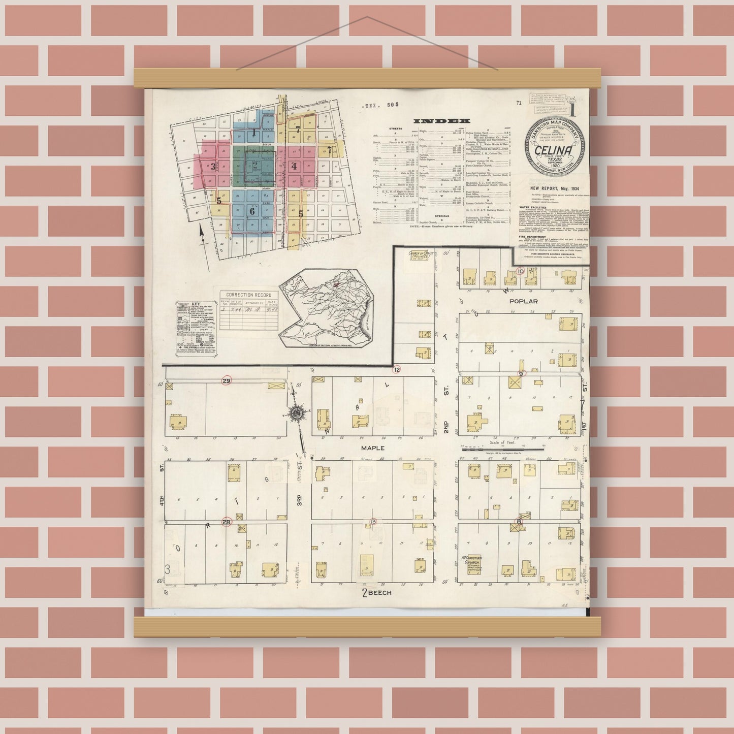 Old map wall art mockup — magnetic wood frame on brick wall — Sanborn Fire Insurance Map from Celina, Collin County, Texas (1944), Sheet #0001
