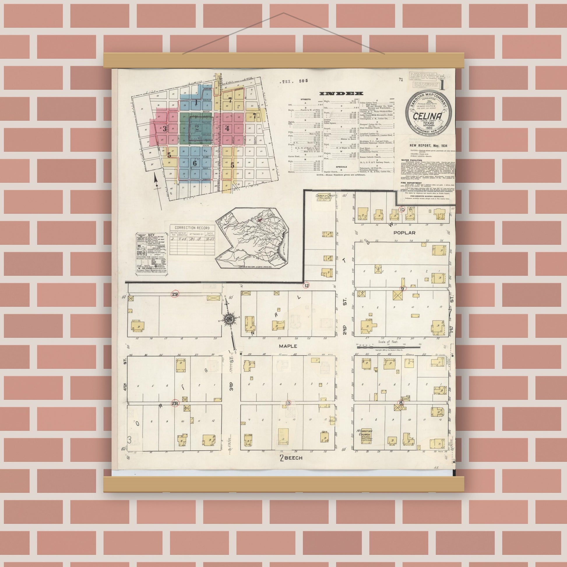 Old map wall art mockup — magnetic wood frame on brick wall — Sanborn Fire Insurance Map from Celina, Collin County, Texas (1944), Sheet #0001