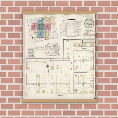 Old map wall art mockup — magnetic wood frame on brick wall — Sanborn Fire Insurance Map from Celina, Collin County, Texas (1944), Sheet #0001