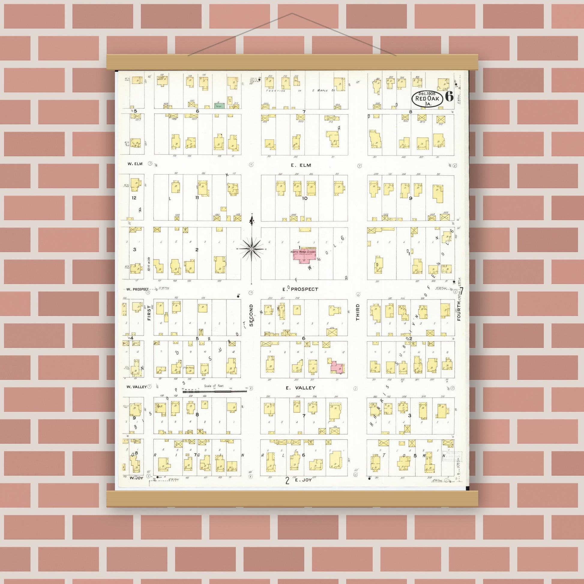 Old map wall art mockup — magnetic wood frame on brick wall — Sanborn Fire Insurance Map from Red Oak, Montgomery County, Iowa (1908), Sheet #0006