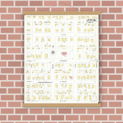 Old map wall art mockup — magnetic wood frame on brick wall — Sanborn Fire Insurance Map from Red Oak, Montgomery County, Iowa (1908), Sheet #0006