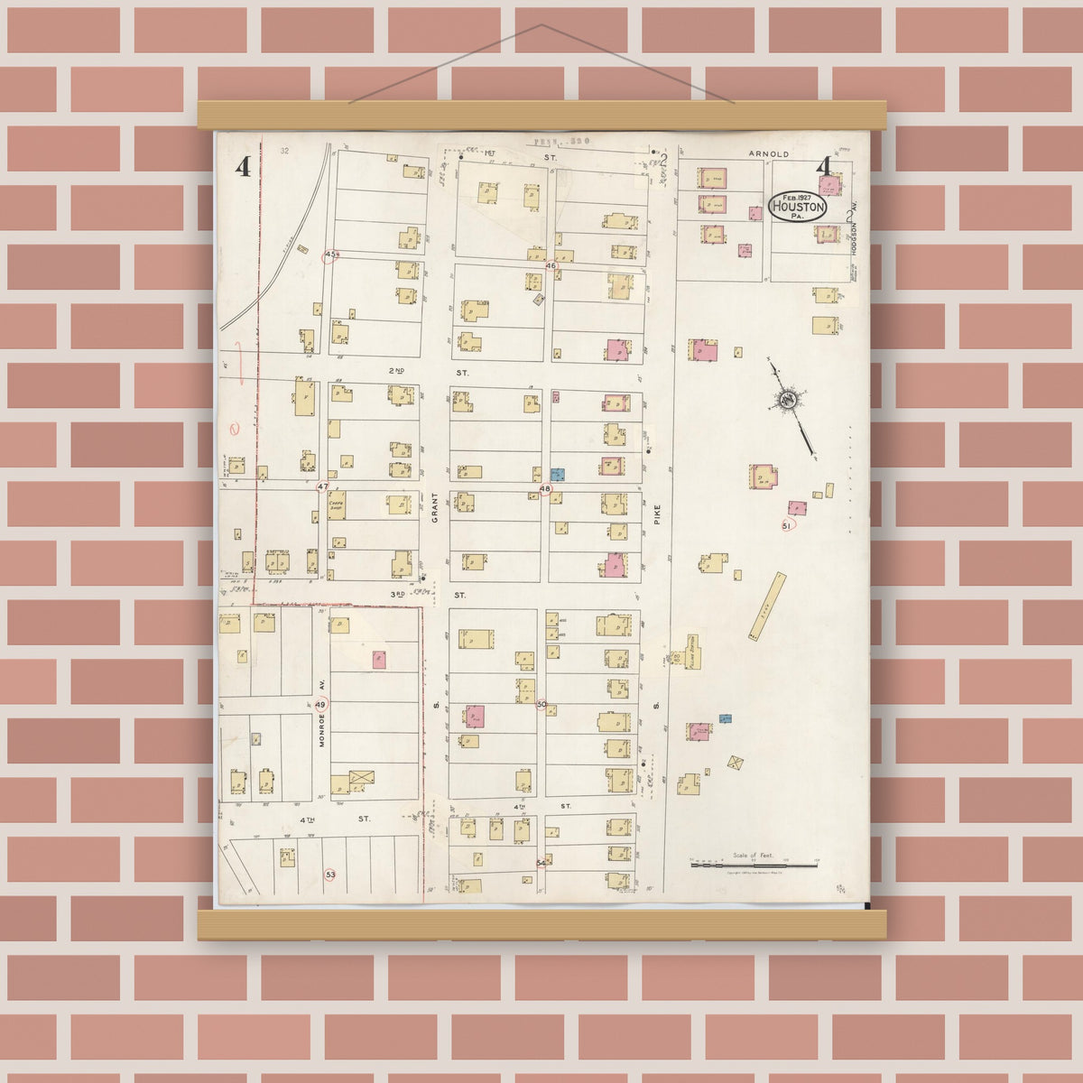 Old map wall art mockup — magnetic wood frame on brick wall — Sanborn Fire Insurance Map from Houston, Washington County, Pennsylvania (1936), Sheet #0004