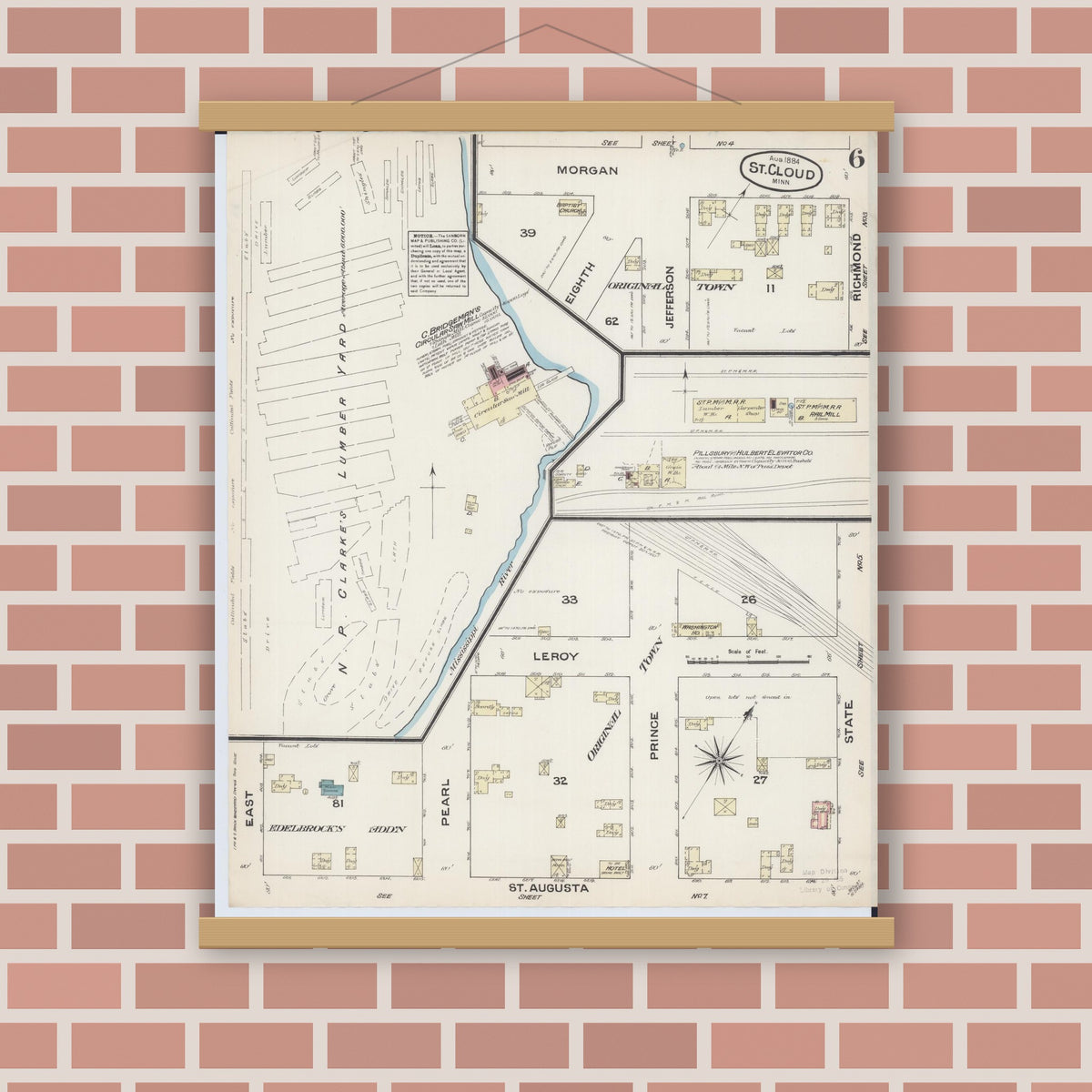 Old map wall art mockup — magnetic wood frame on brick wall — Sanborn Fire Insurance Map from Saint Cloud, Stearns, Benton, and Sherburne Counties, Minnesota (1884), Sheet #0006