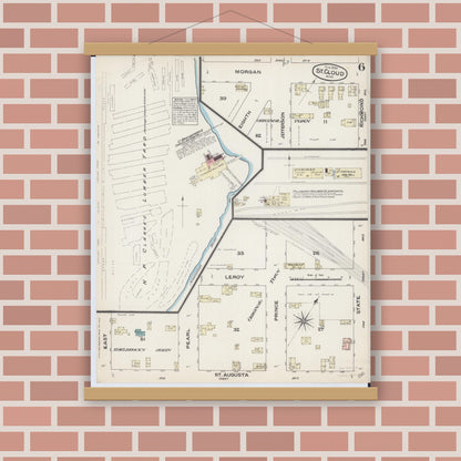 Old map wall art mockup — magnetic wood frame on brick wall — Sanborn Fire Insurance Map from Saint Cloud, Stearns, Benton, and Sherburne Counties, Minnesota (1884), Sheet #0006