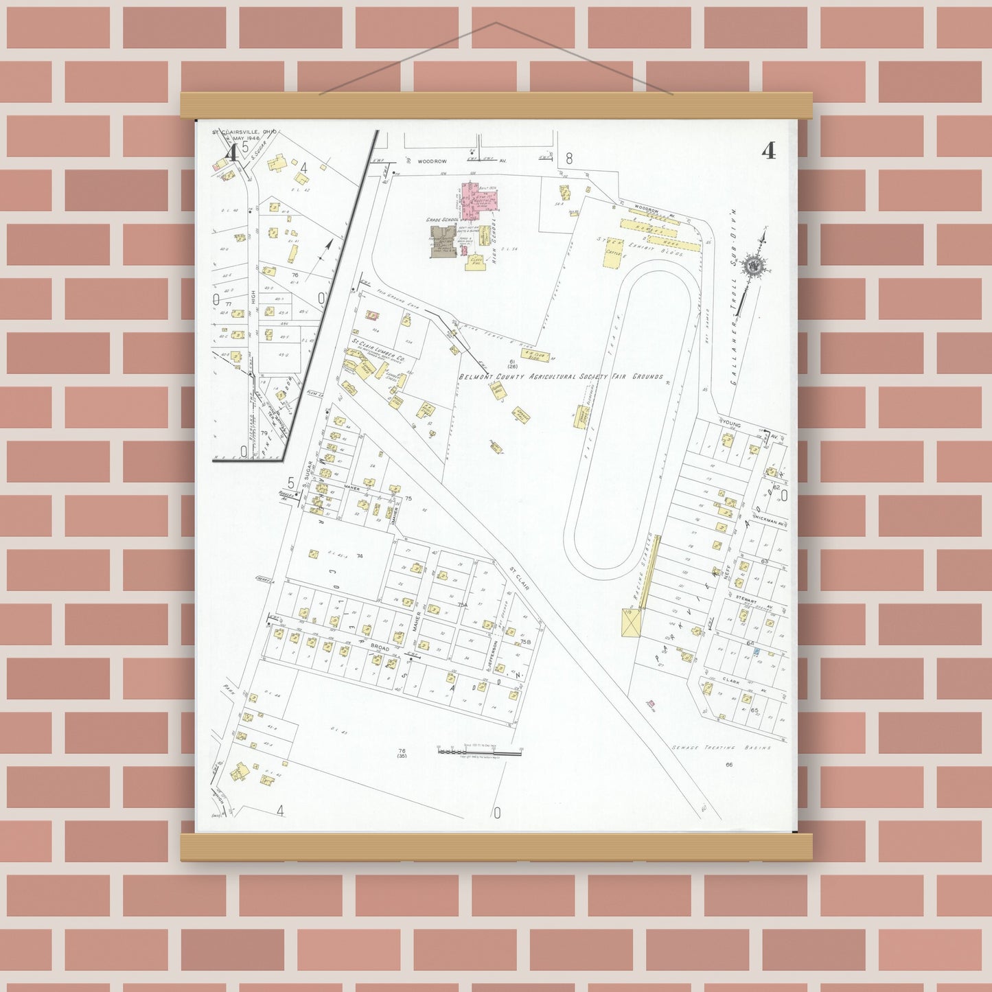Old map wall art mockup — magnetic wood frame on brick wall — Sanborn Fire Insurance Map from Saint Clairsville, Belmont County, Ohio (1946), Sheet #0004