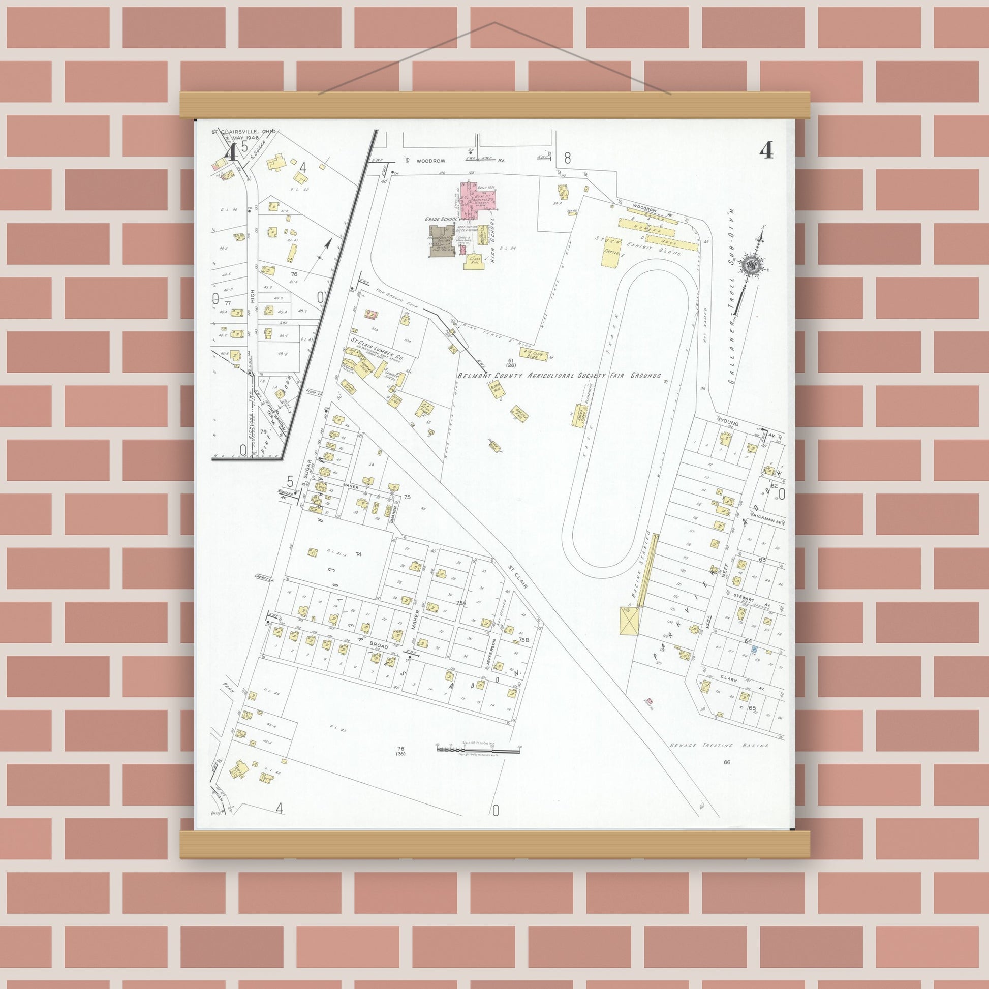 Old map wall art mockup — magnetic wood frame on brick wall — Sanborn Fire Insurance Map from Saint Clairsville, Belmont County, Ohio (1946), Sheet #0004