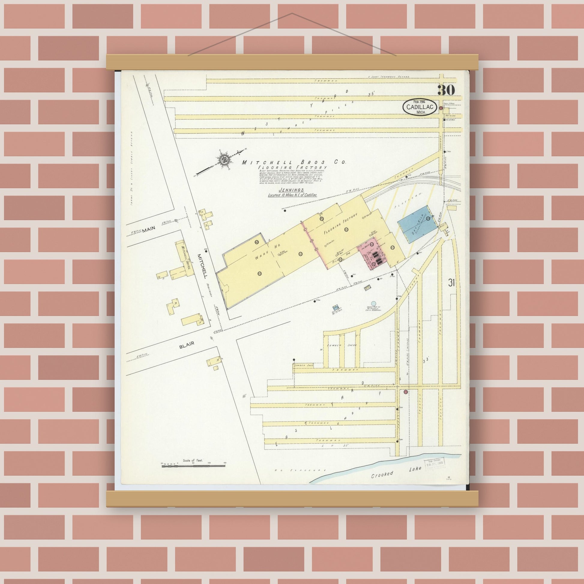 Old map wall art mockup — magnetic wood frame on brick wall — Sanborn Fire Insurance Map from Cadillac, Wexford County, Michigan (1914), Sheet #0030