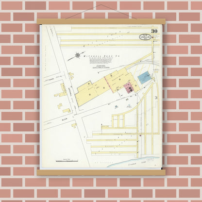 Old map wall art mockup — magnetic wood frame on brick wall — Sanborn Fire Insurance Map from Cadillac, Wexford County, Michigan (1914), Sheet #0030