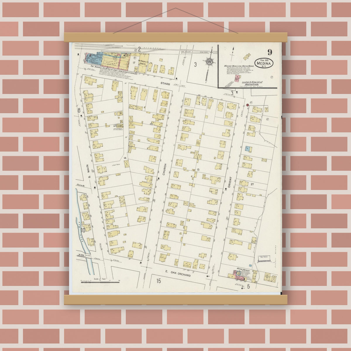 Old map wall art mockup — magnetic wood frame on brick wall — Sanborn Fire Insurance Map from Medina, Orleans County, New York (1915), Sheet #0009