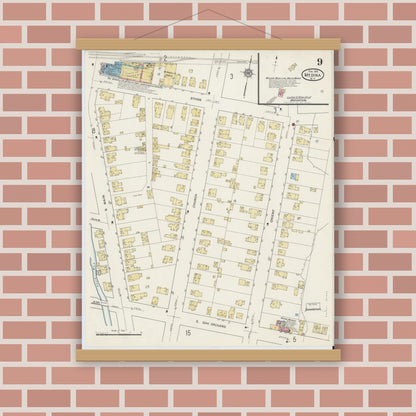 Old map wall art mockup — magnetic wood frame on brick wall — Sanborn Fire Insurance Map from Medina, Orleans County, New York (1915), Sheet #0009