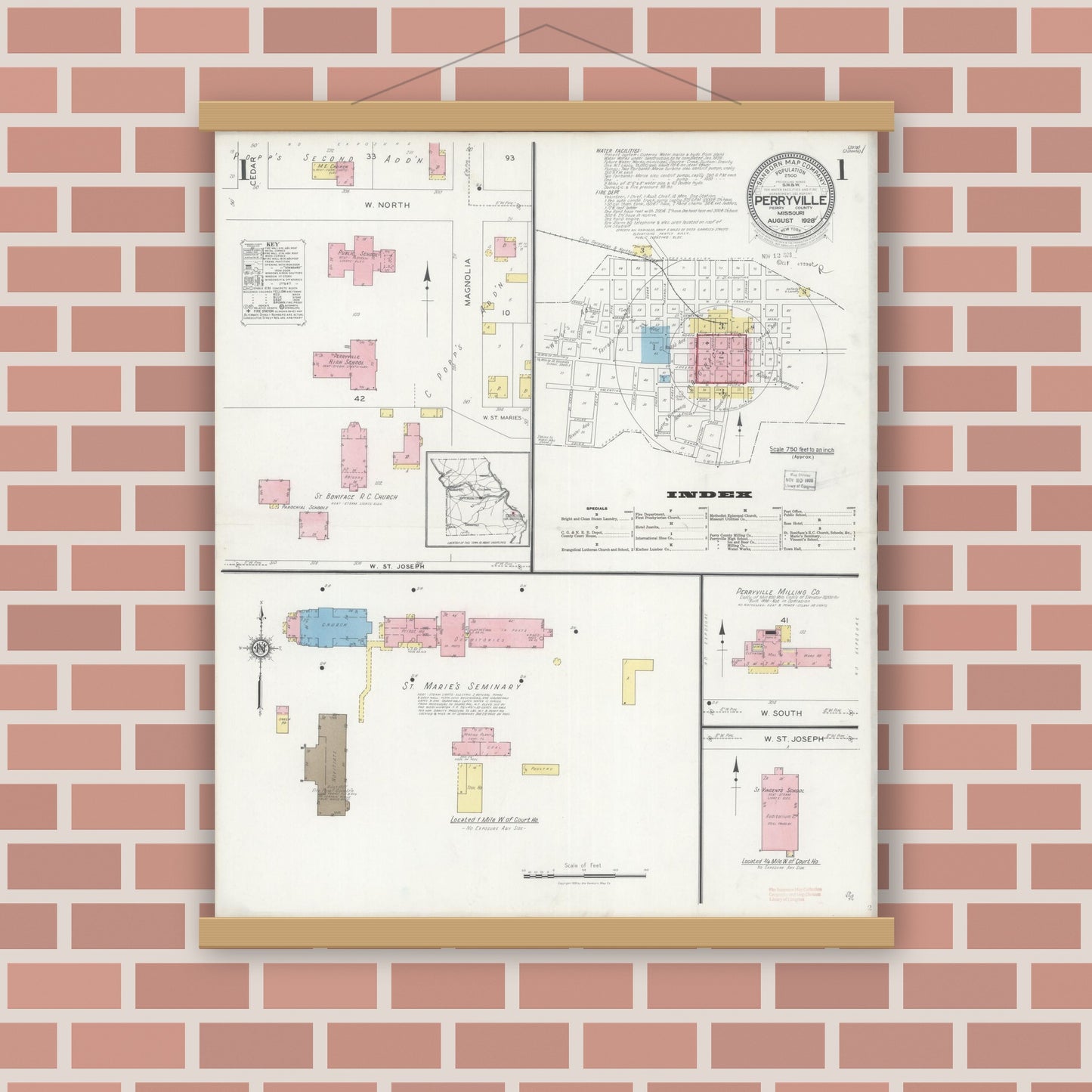 Old map wall art mockup — magnetic wood frame on brick wall — Sanborn Fire Insurance Map from Perryville, Perry County, Missouri (1928) - Complete Map Set