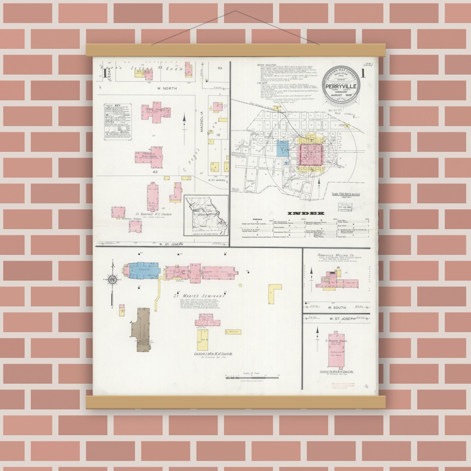 Old map wall art mockup — magnetic wood frame on brick wall — Sanborn Fire Insurance Map from Perryville, Perry County, Missouri (1928) - Complete Map Set