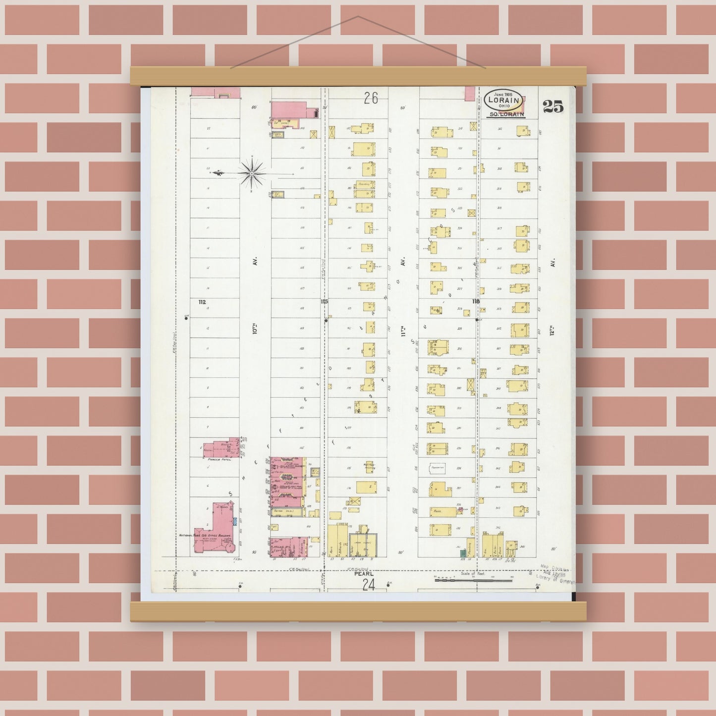 Old map wall art mockup — magnetic wood frame on brick wall — Sanborn Fire Insurance Map from Lorain, Lorain County, Ohio (1905), Sheet #0025