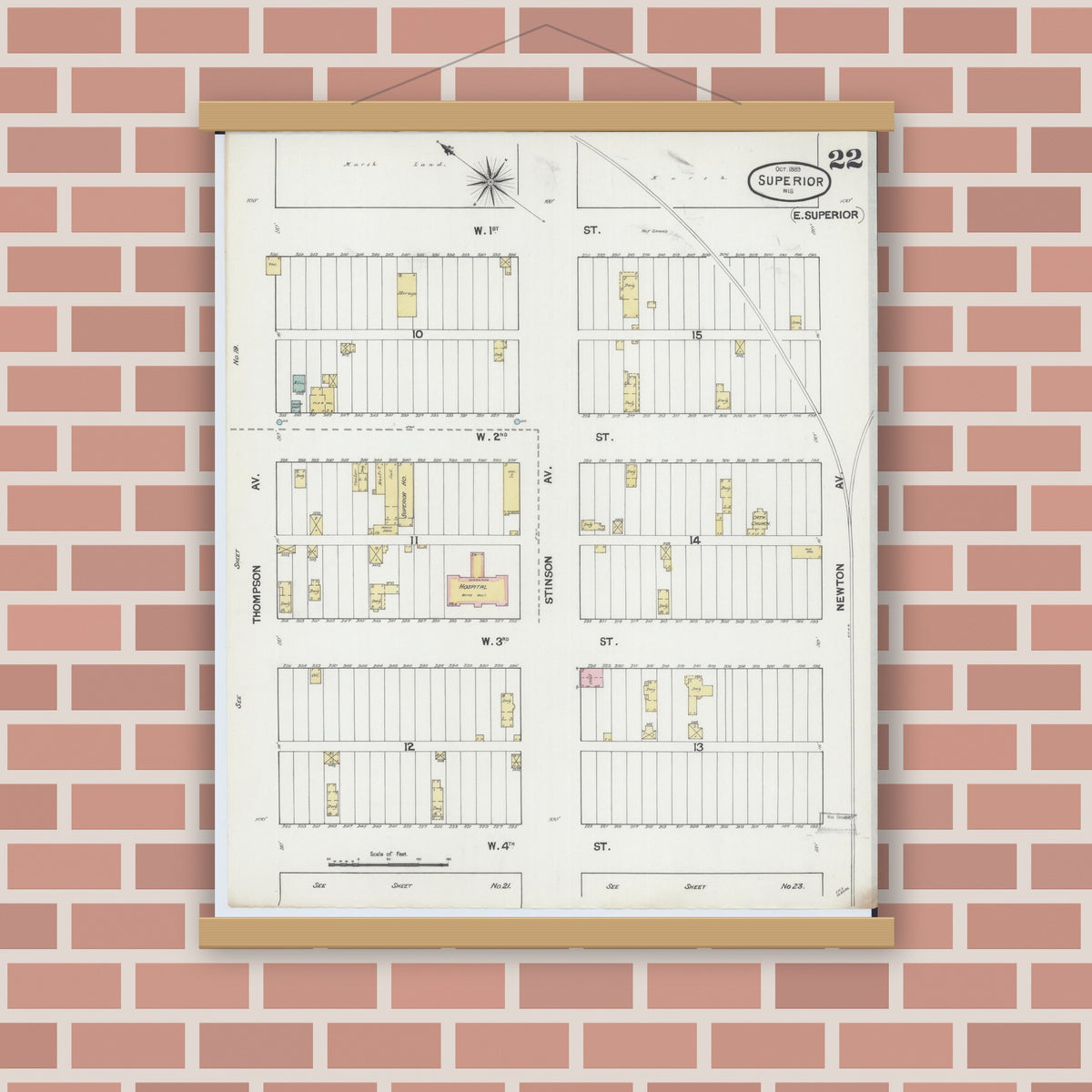 Old map wall art mockup — magnetic wood frame on brick wall — Sanborn Fire Insurance Map from Superior, Douglas County, Wisconsin (1887), Sheet #0022