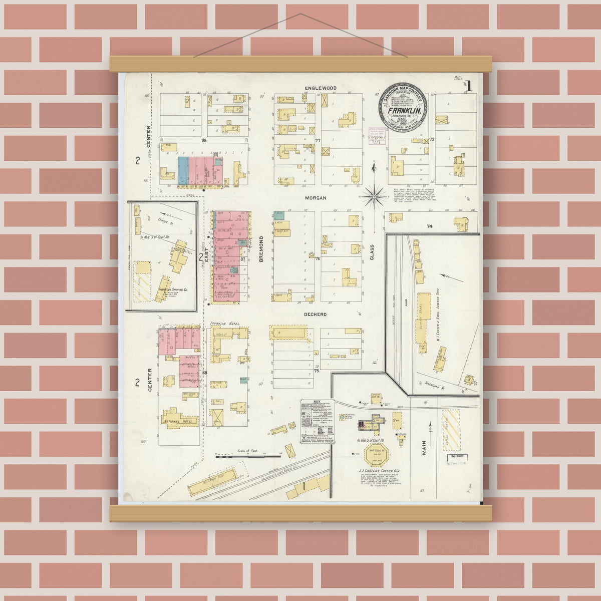 Old map wall art mockup — magnetic wood frame on brick wall — Sanborn Fire Insurance Map from Franklin, Robertson County, Texas (1905) - Complete Map Set