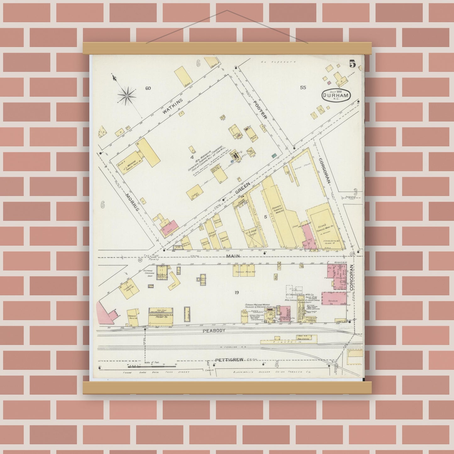 Old map wall art mockup — magnetic wood frame on brick wall — Sanborn Fire Insurance Map from Durham, Durham County, North Carolina (1893), Sheet #0005
