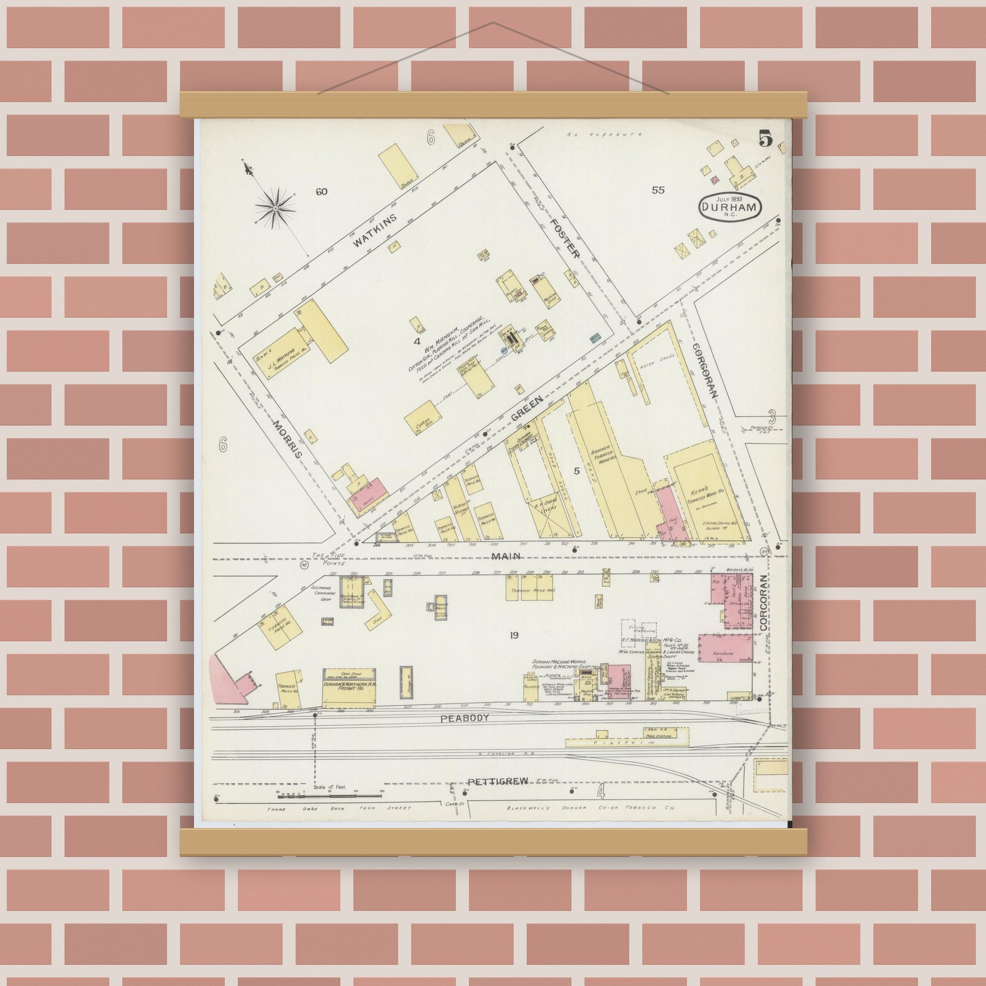 Old map wall art mockup — magnetic wood frame on brick wall — Sanborn Fire Insurance Map from Durham, Durham County, North Carolina (1893), Sheet #0005