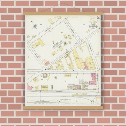 Old map wall art mockup — magnetic wood frame on brick wall — Sanborn Fire Insurance Map from Durham, Durham County, North Carolina (1893), Sheet #0005