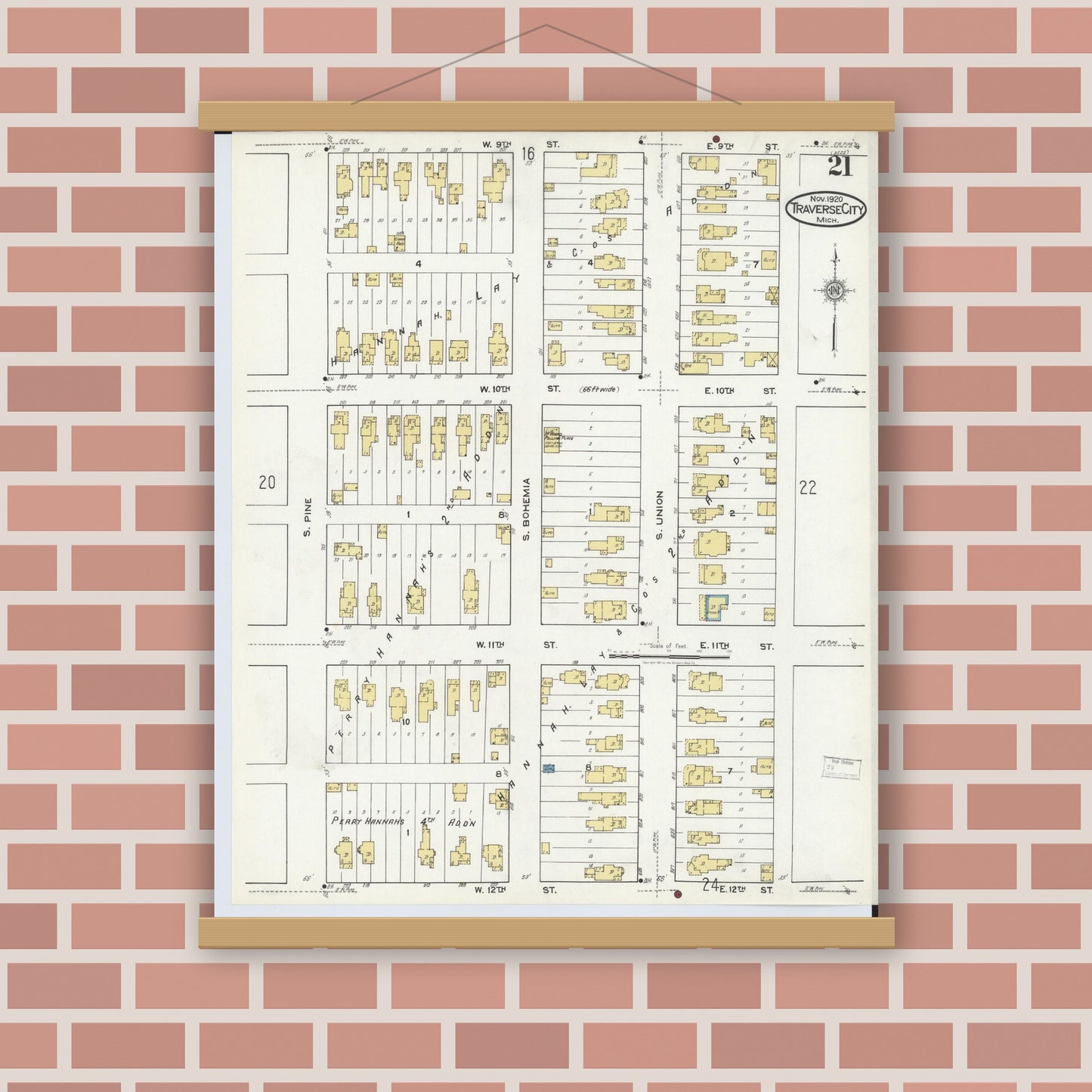 Old map wall art mockup — magnetic wood frame on brick wall — Sanborn Fire Insurance Map from Traverse City, Grand Traverse County, Michigan (1920), Sheet #0021