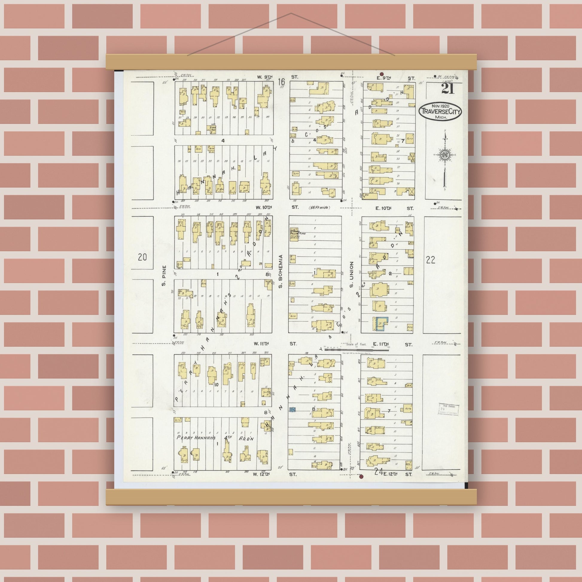 Old map wall art mockup — magnetic wood frame on brick wall — Sanborn Fire Insurance Map from Traverse City, Grand Traverse County, Michigan (1920), Sheet #0021