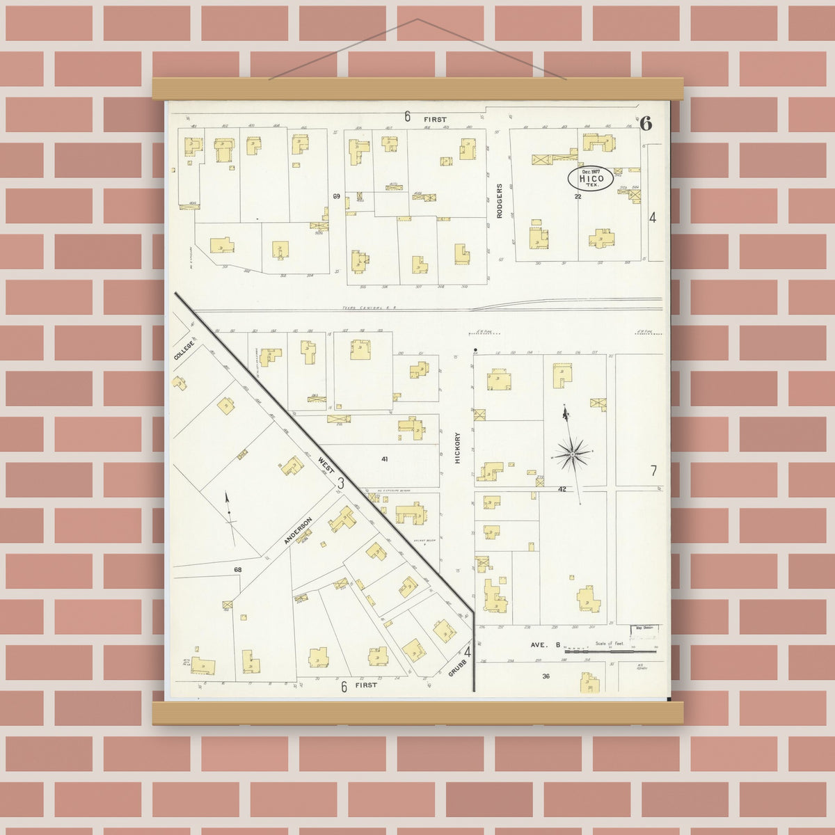 Old map wall art mockup — magnetic wood frame on brick wall — Sanborn Fire Insurance Map from Hico, Hamilton County, Texas (1907), Sheet #0006