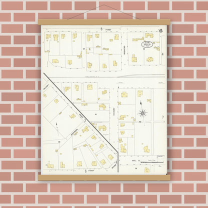 Old map wall art mockup — magnetic wood frame on brick wall — Sanborn Fire Insurance Map from Hico, Hamilton County, Texas (1907), Sheet #0006