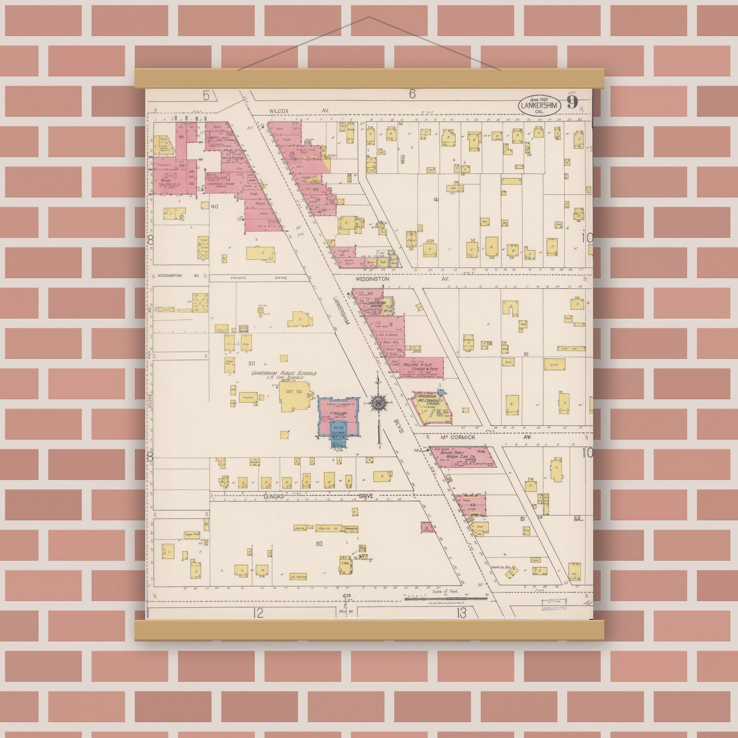 Old map wall art mockup — magnetic wood frame on brick wall — Sanborn Fire Insurance Map from Lankershim, Los Angeles County, California (1922), Sheet #0009