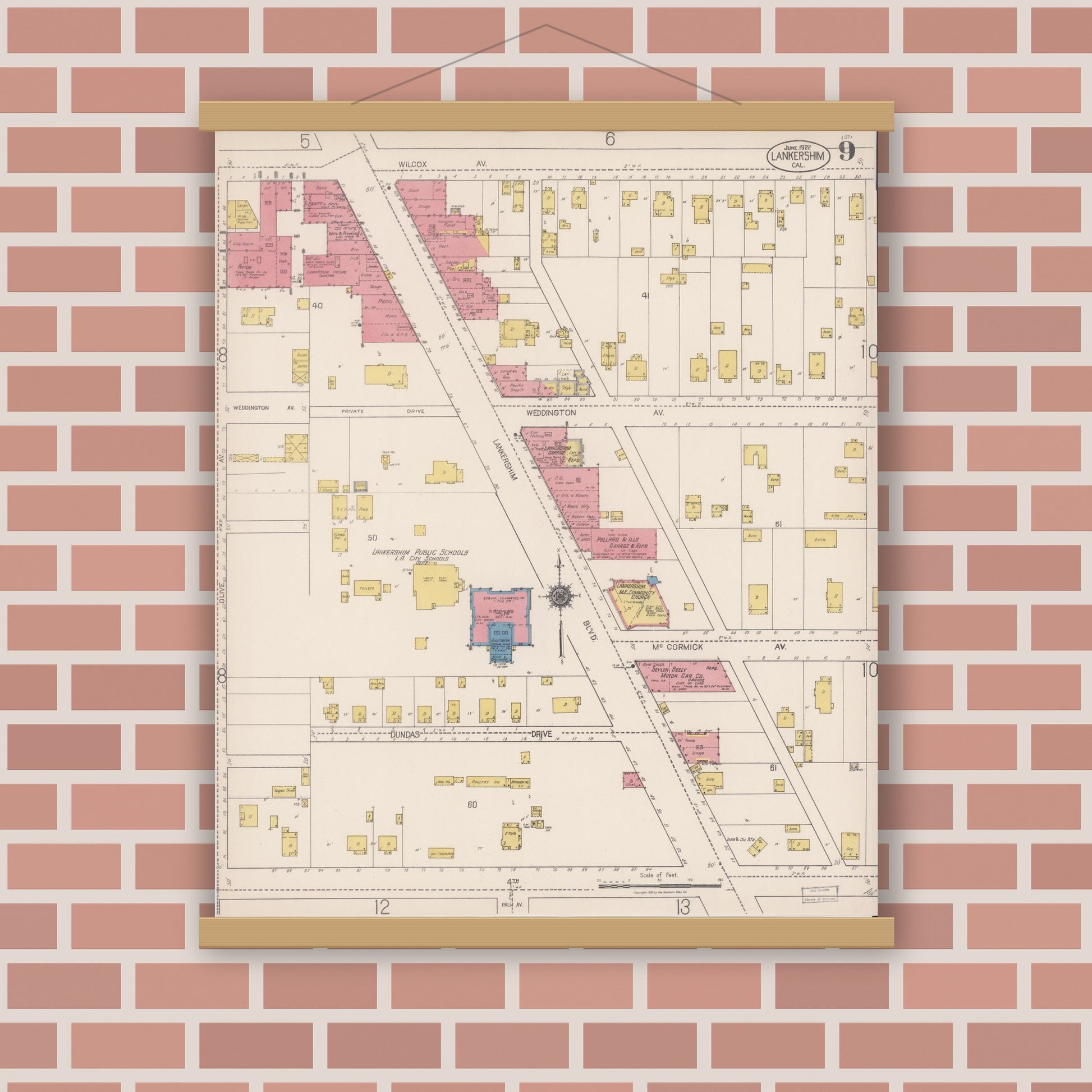 Old map wall art mockup — magnetic wood frame on brick wall — Sanborn Fire Insurance Map from Lankershim, Los Angeles County, California (1922), Sheet #0009