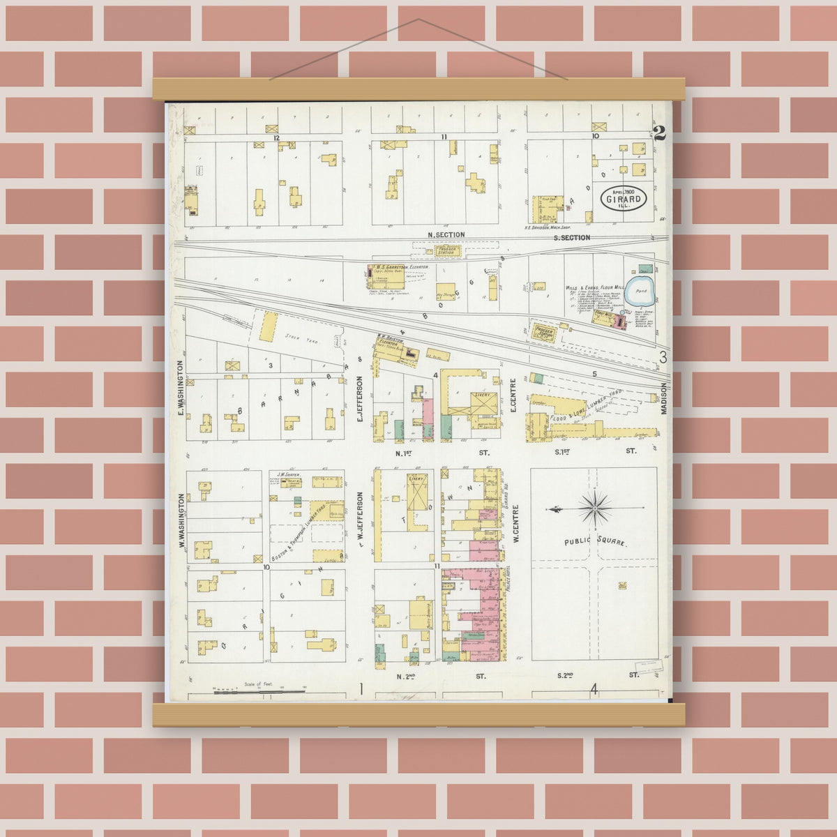 Old map wall art mockup — magnetic wood frame on brick wall — Sanborn Fire Insurance Map from Girard, Macoupin County, Illinois (1900), Sheet #0002