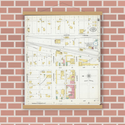 Old map wall art mockup — magnetic wood frame on brick wall — Sanborn Fire Insurance Map from Girard, Macoupin County, Illinois (1900), Sheet #0002